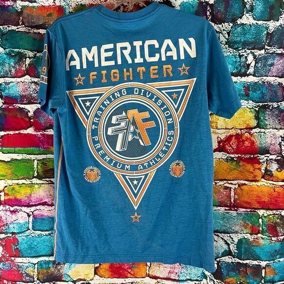American Fighter Short Sleeve Graphic Tee T-Shirt Blue Orange Size Medium - Picture 2 of 5